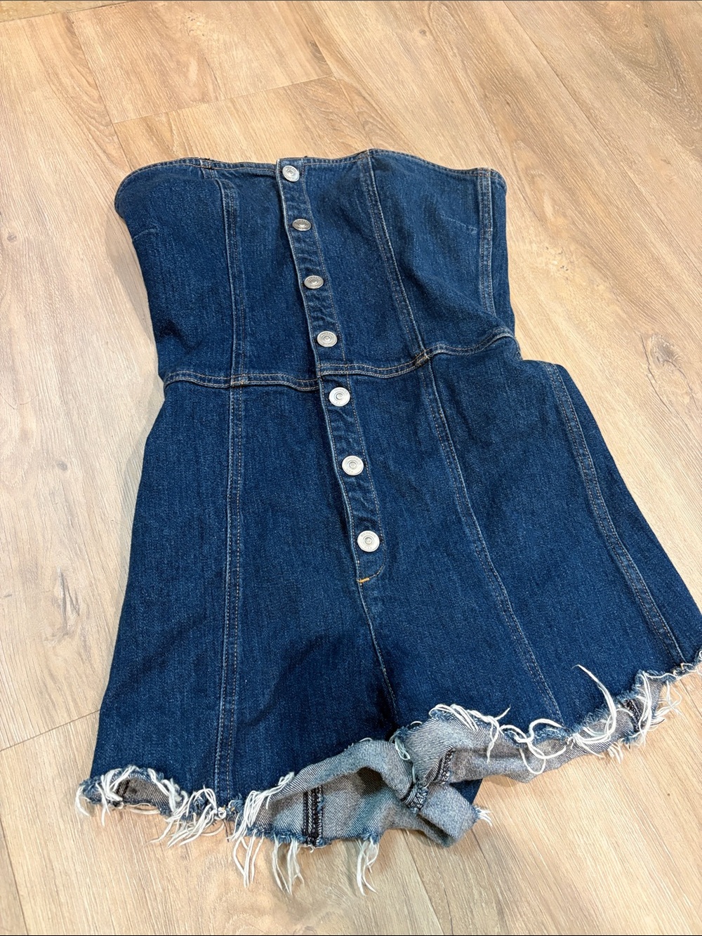 HUDSON DARK DENIM STRAPLESS BUTTON DOWN ROMPER